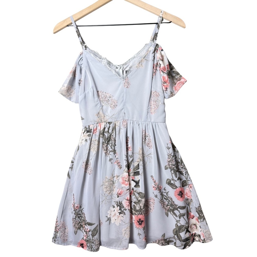 Lulu’s Verona Light Blue Floral Print Off-the-Shoulder Lace Mini Dress Size XS